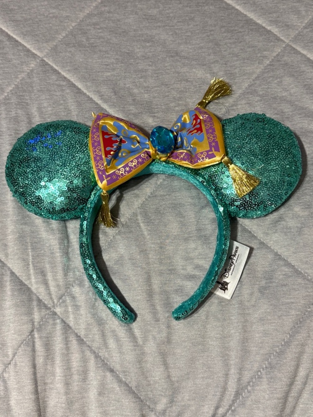 Disney Teal Sequin Mouse Ear Headband with Colorful Bow and Gold Tassels